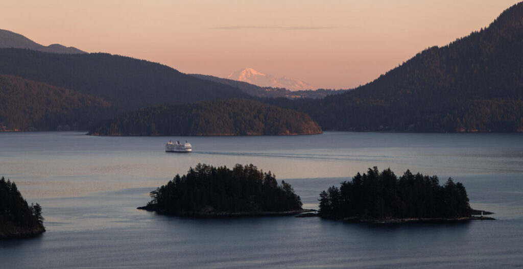 BC Ferries Horseshoe Bay, Vancouver, to Gibsons, Sunshine Coast, British Columbia. Howe Sound and Coast Mountains.