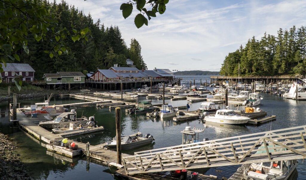 Telegraph Cove, Vancouver Island, British Columbia. Waterfront boardwalk and fishing village.
